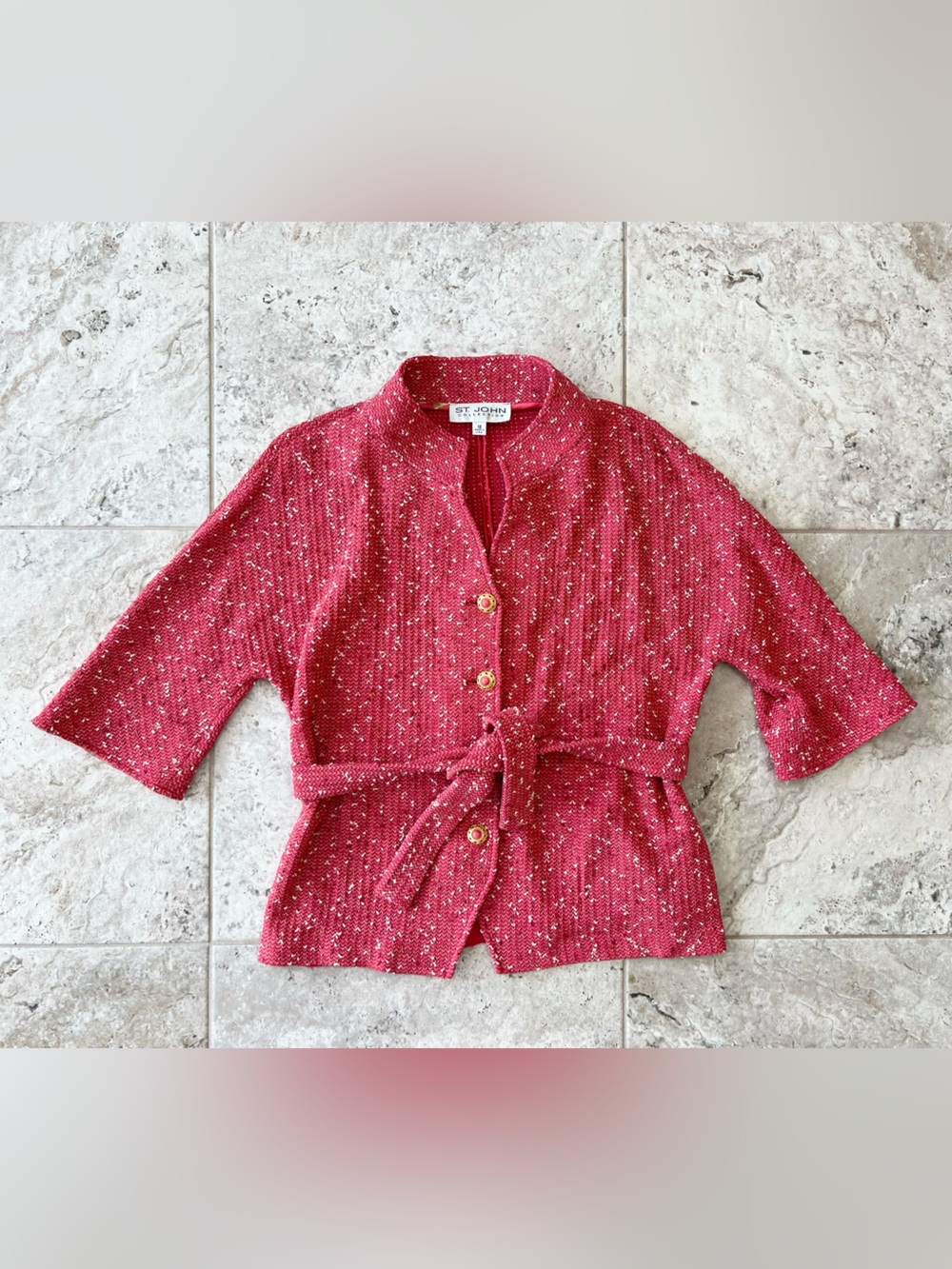 St. John Collection Vintage Mock Neck 3/4 Sleeve Tweed Boucle Belted Blazer, 12